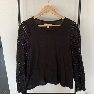 Madewell Black Crewneck Top with Crocheted Balloon Sleeves